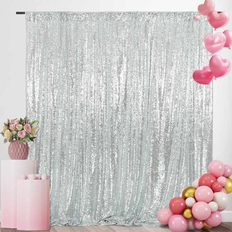 SquarePie Sequin Backdrop 8FT x 8FT Silver Background Sparkly Curtain for Wedding Party Decoration - Image 1